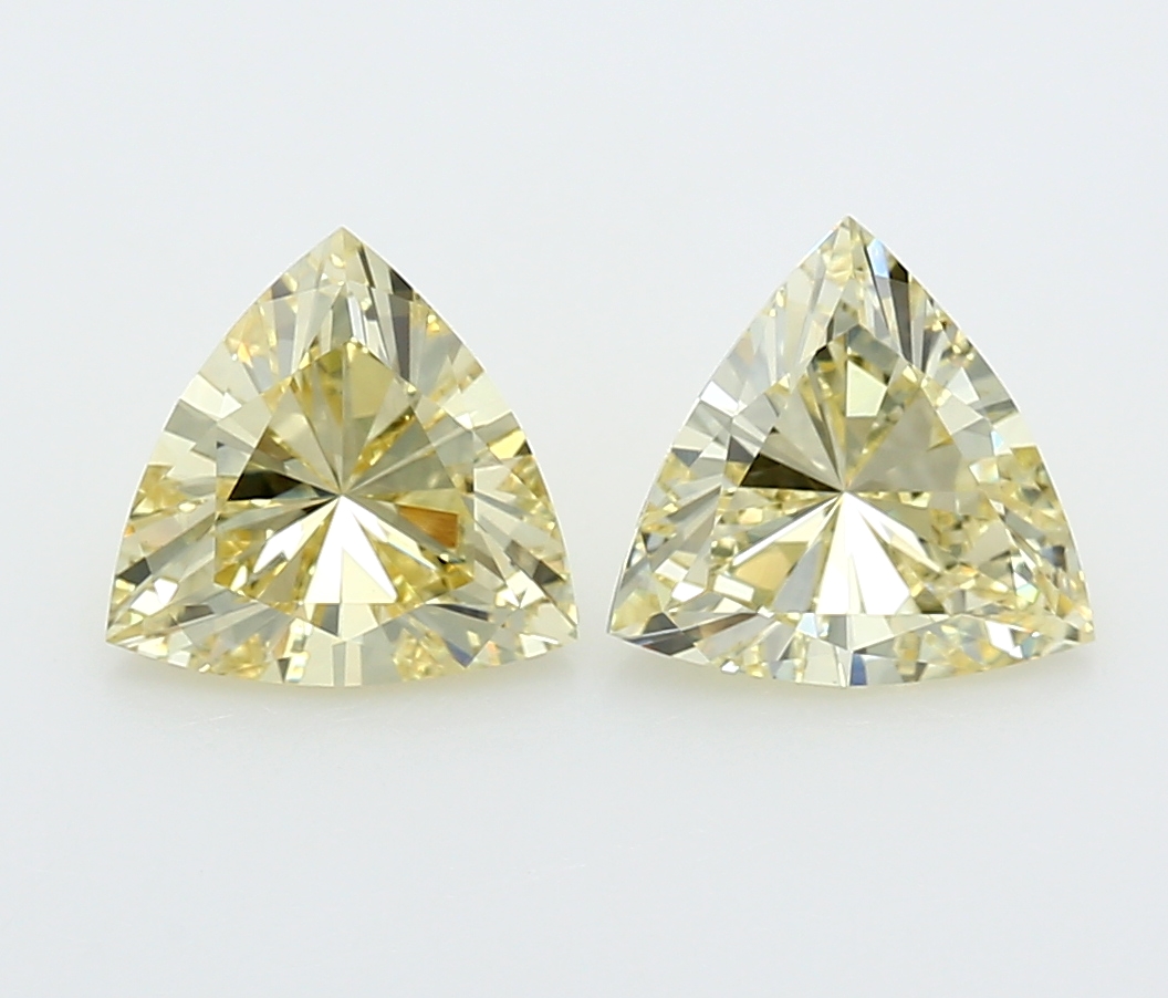 Matched pair of Trillion lab grown diamonds, 3.80 × 3.80 mm, Fancy Yellow VS1, 0.34ct total
